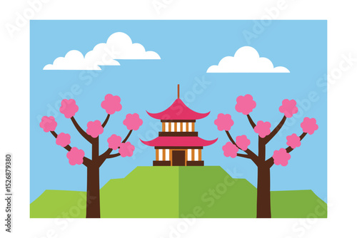 Serene Springtime Pagoda Cherry Blossoms and Tranquil Asian Temple Illustration