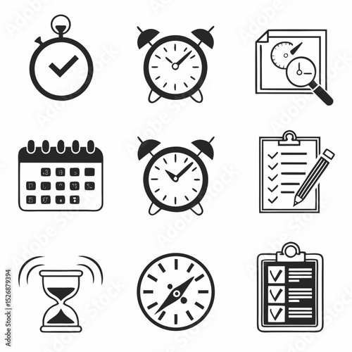 Time management icons set clock calendar checklist