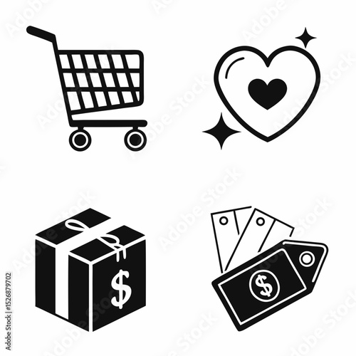 Shopping cart heart gift box price tags icons set
