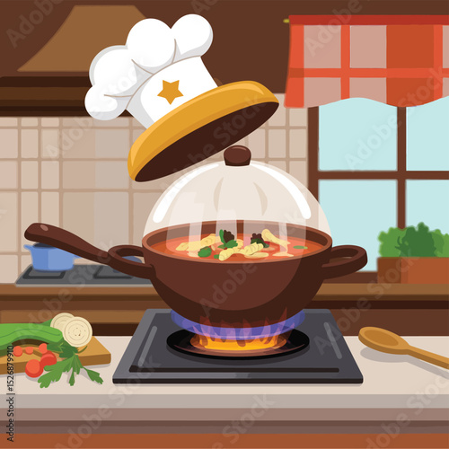 vector icons cooking food chef hat include a pizza slice, a sushi roll, spaghetti and meatballs, a curry bowl burger , fish 
