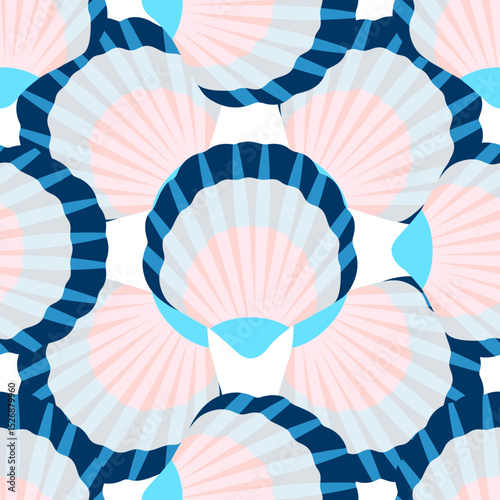 Seashell pattern with overlapping scallop shells in pastel pink, blue, and navy tones – seamless vector for fabric, wallpaper, or stationery