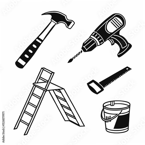 Professional construction tools icons set isolated on white