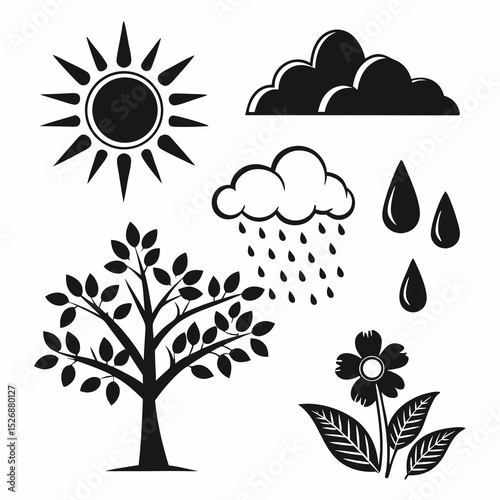Nature icons sun rain tree flower cloud