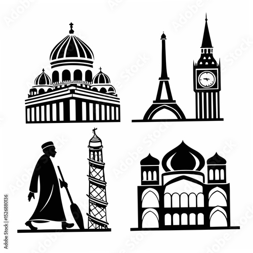 World landmarks icons set, black silhouettes, transparent background
