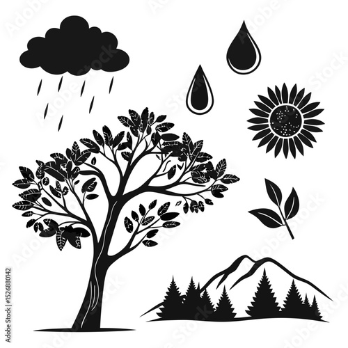 Nature elements set tree sun rain mountain professional design