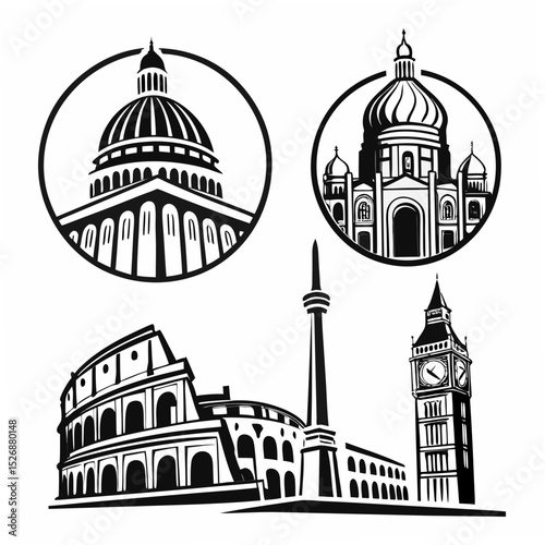 Famous world landmarks black and white icons set
