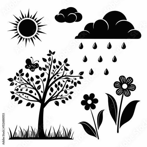 Black silhouettes nature set sun rain tree flowers
