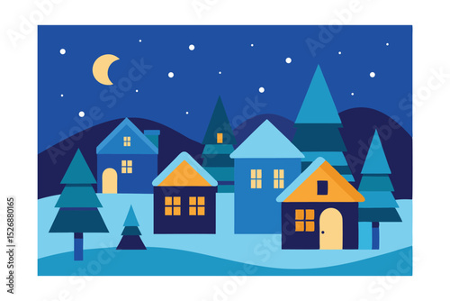 Charming Winter Village Night Scene Cozy Houses Under Starlit Sky