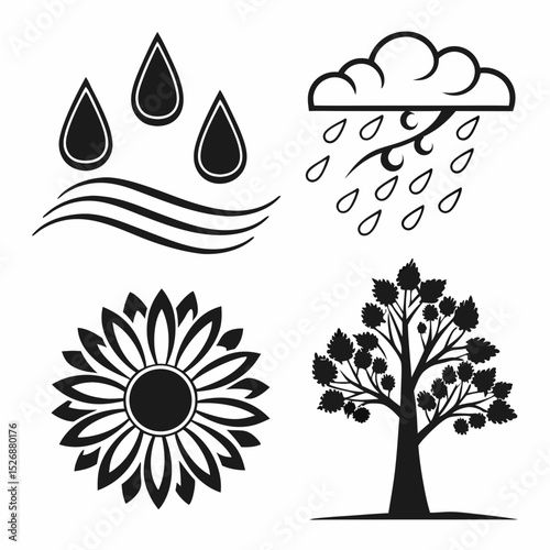 Nature elements water rain flower tree icons