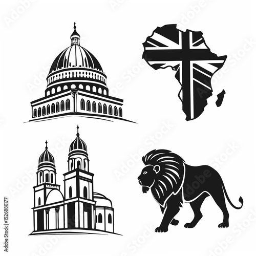 African lion, churches, and union jack map, vector illustration