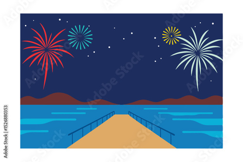 Spectacular Fireworks Display Over Calm Water at Night Pier View