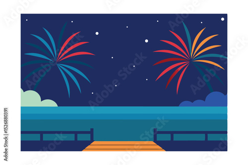 Night Sky Fireworks Display Over Calm Ocean A Serene Summer Celebration