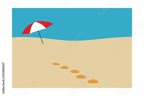 Peaceful Beach Scene Footprints in the Sand, Umbrella by the Sea