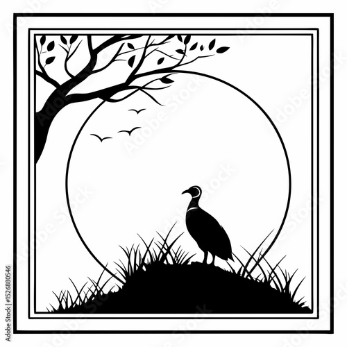 Silhouetted bird framed by tree and moon
