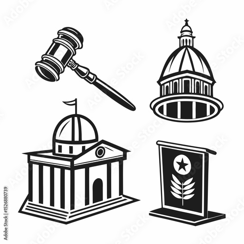 Government icons set gavel courthouse capitol podium