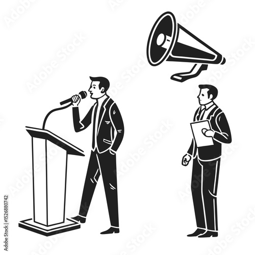 Professional businessmen speaking publicly, isolated illustration
