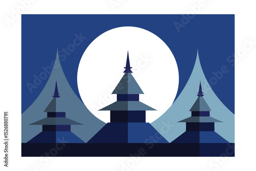 Serene Night Moonlit Temple Silhouette Illustration