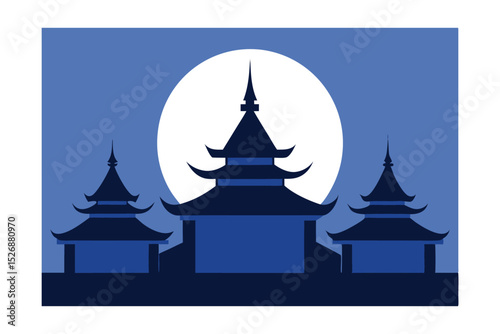 Serene Night Asian Temple Silhouette Under a Full Moon
