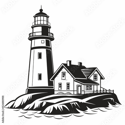 Lighthouse keeper's house coastal scene black and white