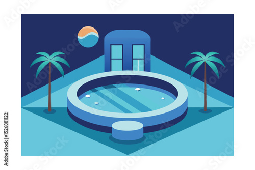 Serene Nighttime Poolside Oasis A Minimalist Illustration of Tranquility and Relaxation