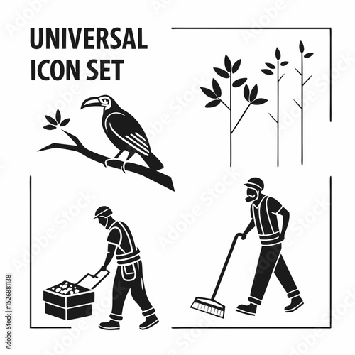 Universal icon set bird worker plants box broom