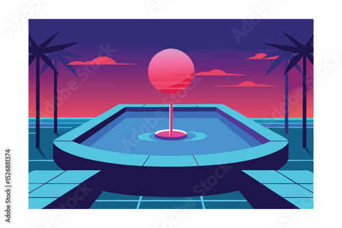 Retro Futuristic Poolside Oasis Sunset Dreamscape Illustration
