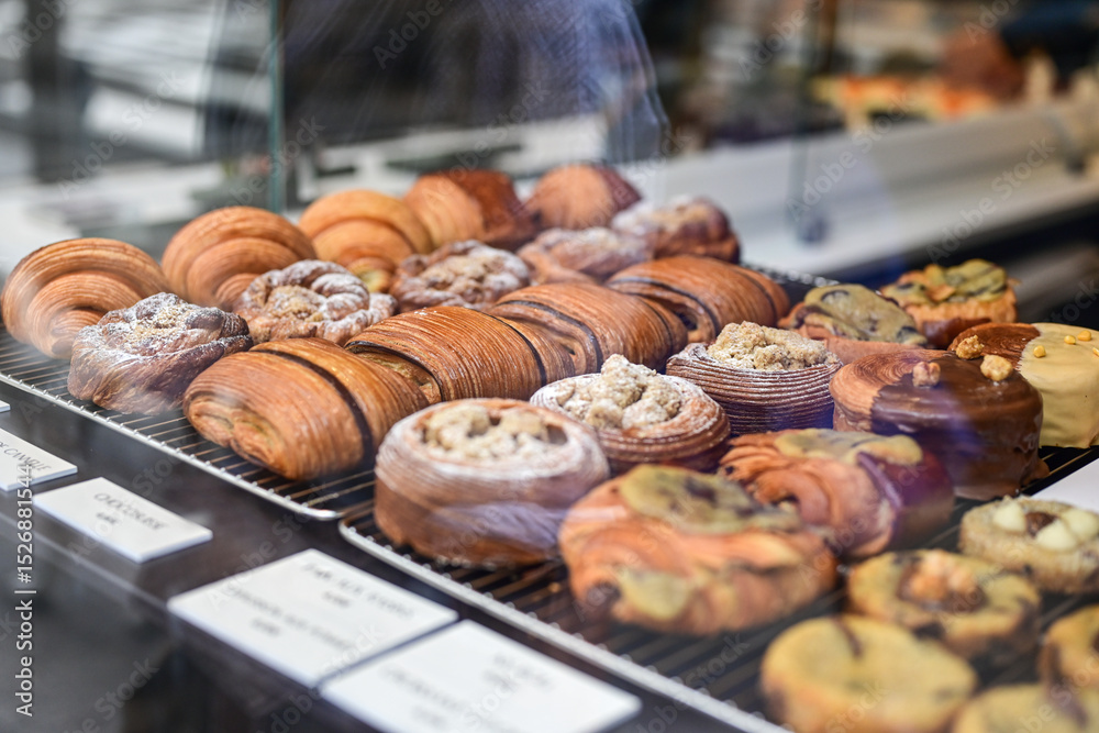 Ταπετσαρία Golden flaky croissants  and  pastry sweets with toppings displayed in a  frech  bakery  at Monaco
Delicious croissants on the store showcase