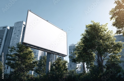 Wallpaper Mural Billboard stands tall amidst city trees and buildings. Urban advertising, outdoor marketing, city promotion, advertising, public space, media, commercial. Torontodigital.ca