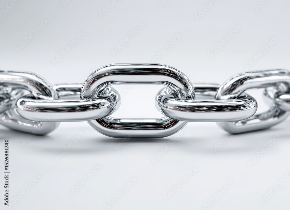 Fototapeta premium Chrome chain links close up on white background. Metal, connection, strength, security concept.