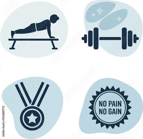 Fitness results icon set. Strength reps, no pain no gain badge, medal reward and muscle motivation chart icons
