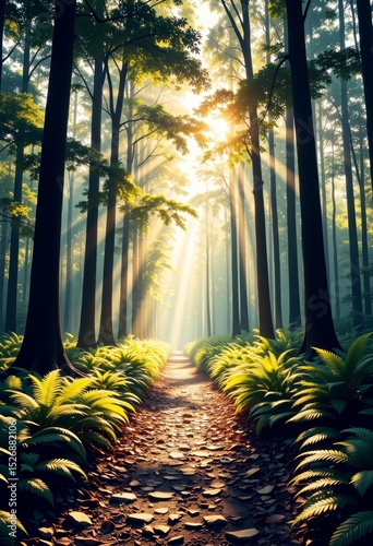 Serene forest path with sunlight shining through trees and ferns  
