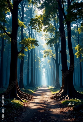 Enchanted forest path illuminated by sunlight through trees  