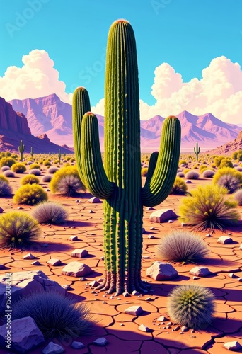 Tall cactus standing in vibrant desert landscape against mountains  