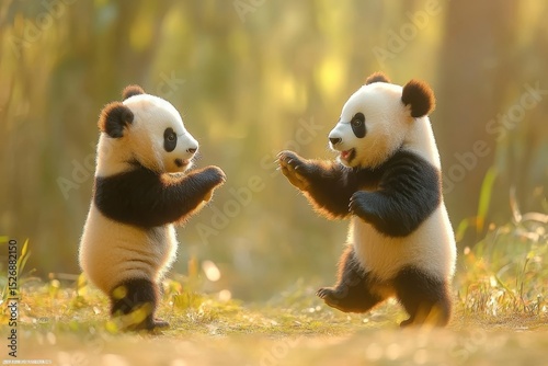 Mother panda plays joyfully with her baby in a sunny bamboo forest setting, A baby panda and its mother play together photo