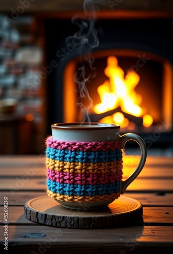 Cozy coffee mug with colorful knit sleeve on wooden table by fireplace  