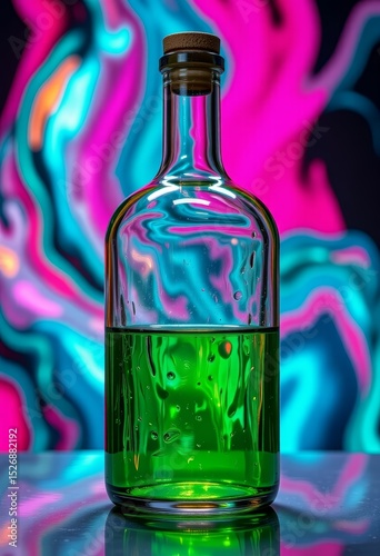 Glass bottle filled with vibrant green liquid against colorful background  