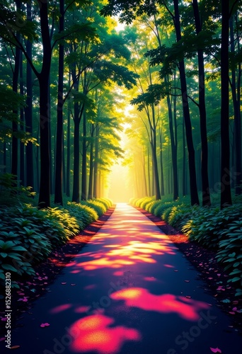 Lush forest pathway illuminated by sunlight in peaceful woodland  