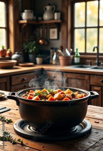 Fresh vegetable stew cooking in black pot on wooden kitchen table  