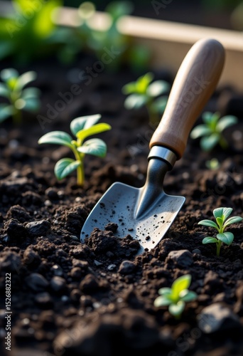 Gardening trowel in soil with young green plants growing  