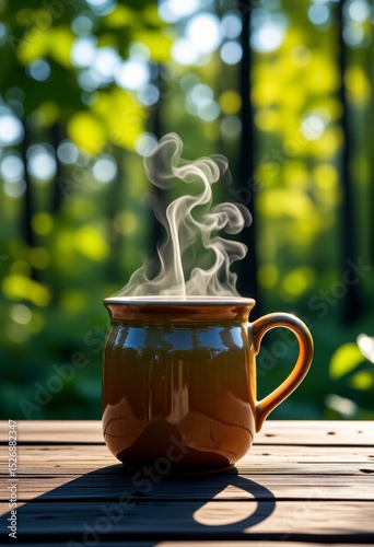 Steaming coffee mug on wooden table in sunlit outdoor forest  