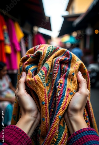 Hands holding colorful textile in vibrant market setting  