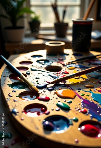 Wooden palette with colorful paint and brushes in artist's studio  