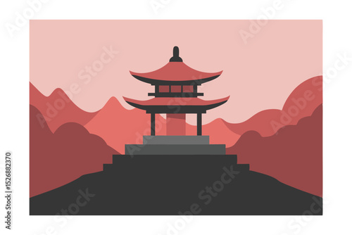 Serene Asian Pagoda Silhouette at Sunset Minimalist Landscape Illustration