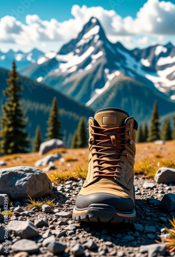 Hiking boot on rocky ground with mountain landscape in background  