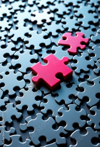 Two red puzzle pieces among black puzzle pieces on the table  