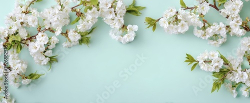 The delicate branches of cherry blossoms on a soft blue background.