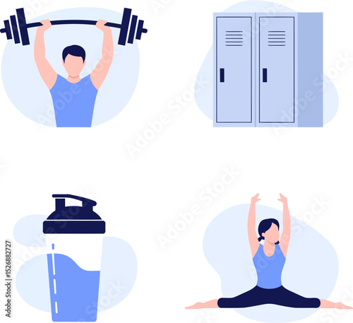 Weightlifting and yoga icons. Dumbbell lift, locker storage, shaker bottle and flexible yoga pose for fitness wellness  