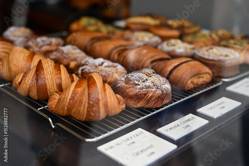 Golden flaky croissants  and  pastry sweets with toppings displayed in a  frech  bakery  at Monaco
Delicious croissants on the store showcase.
