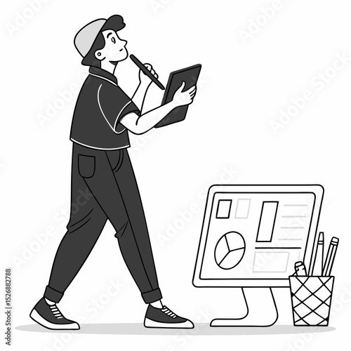 Young person working on tablet and computer