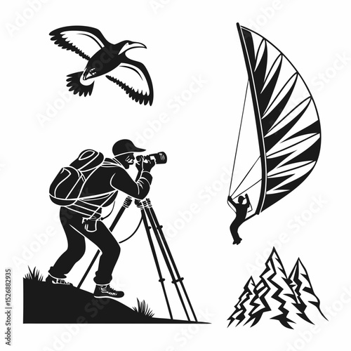 Professional photographer, bird, paraglider, mountains, isolated cutout